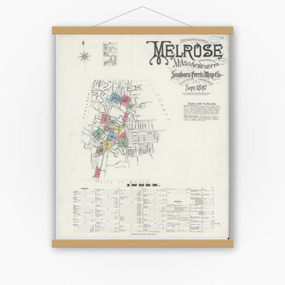 Old map wall art mockup — magnetic wood frame on white wall — Sanborn Fire Insurance Map from Melrose, Middlesex County, Massachusetts (1897) - Complete Map Set