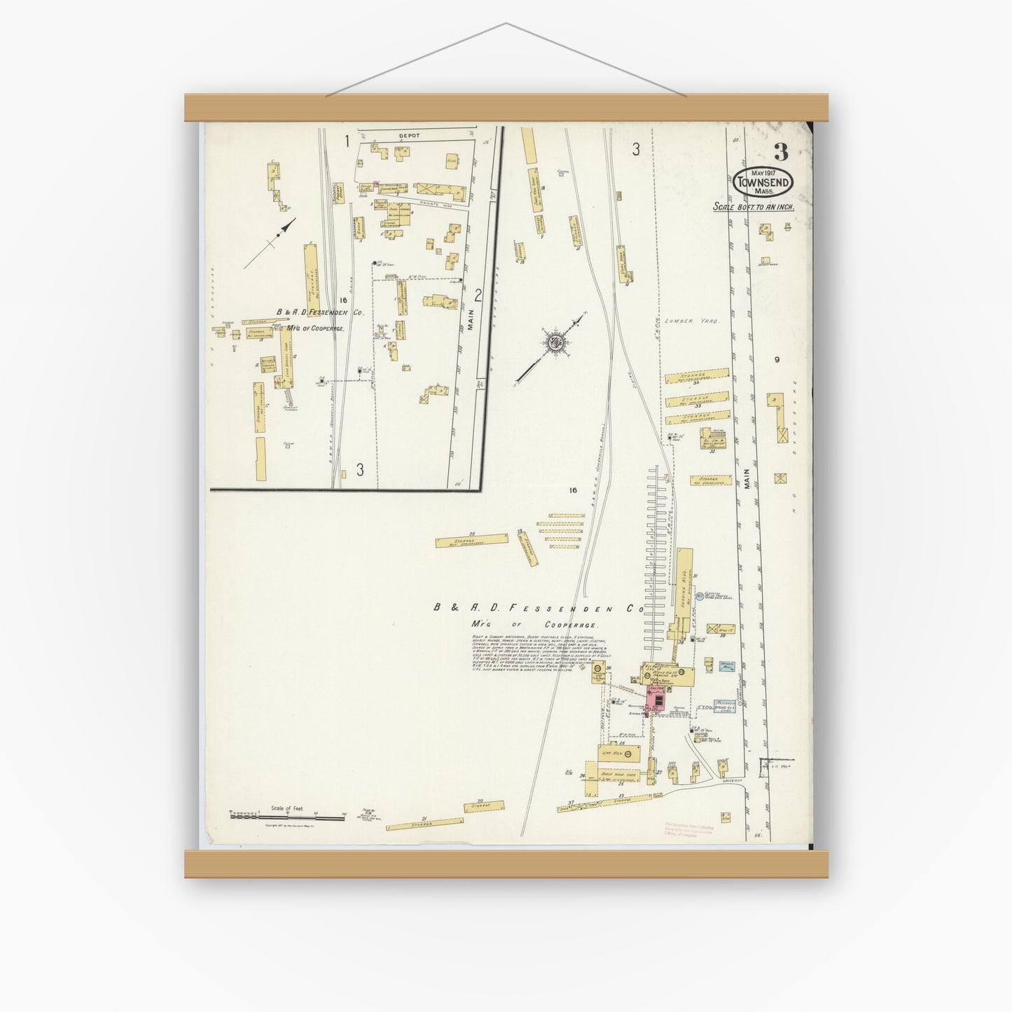Old map wall art mockup — magnetic wood frame on white wall — Sanborn Fire Insurance Map from Townsend, Middlesex County, Massachusetts (1917), Sheet #0003
