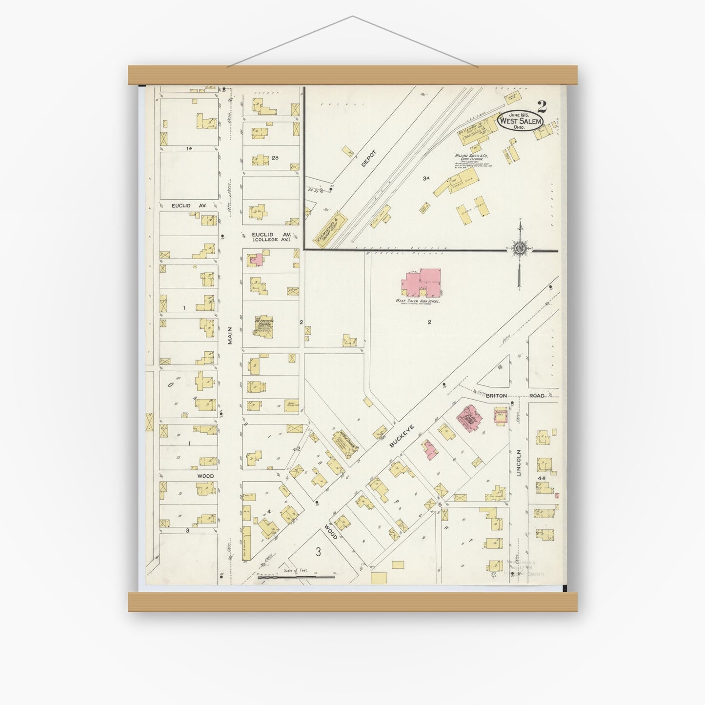 Old map wall art mockup — magnetic wood frame on white wall — Sanborn Fire Insurance Map from West Salem, Wayne County, Ohio (1915), Sheet #0002