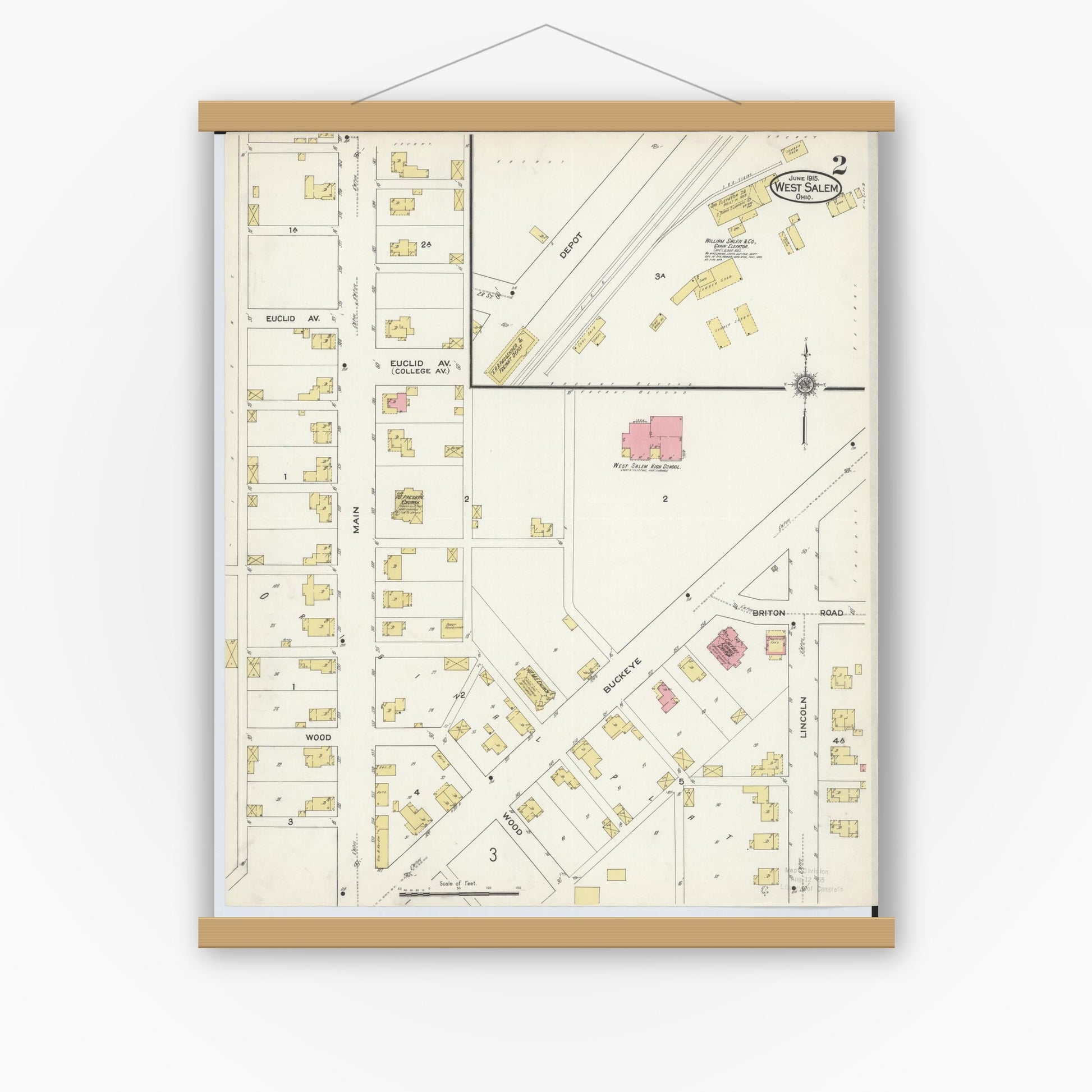 Old map wall art mockup — magnetic wood frame on white wall — Sanborn Fire Insurance Map from West Salem, Wayne County, Ohio (1915), Sheet #0002