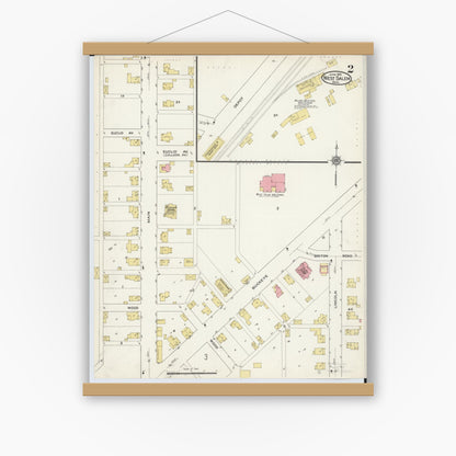 Old map wall art mockup — magnetic wood frame on white wall — Sanborn Fire Insurance Map from West Salem, Wayne County, Ohio (1915), Sheet #0002