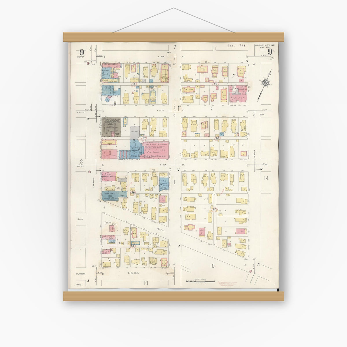 Old map wall art mockup — magnetic wood frame on white wall — Sanborn Fire Insurance Map from Michigan City, La Porte County, Indiana (1948), Sheet #0009