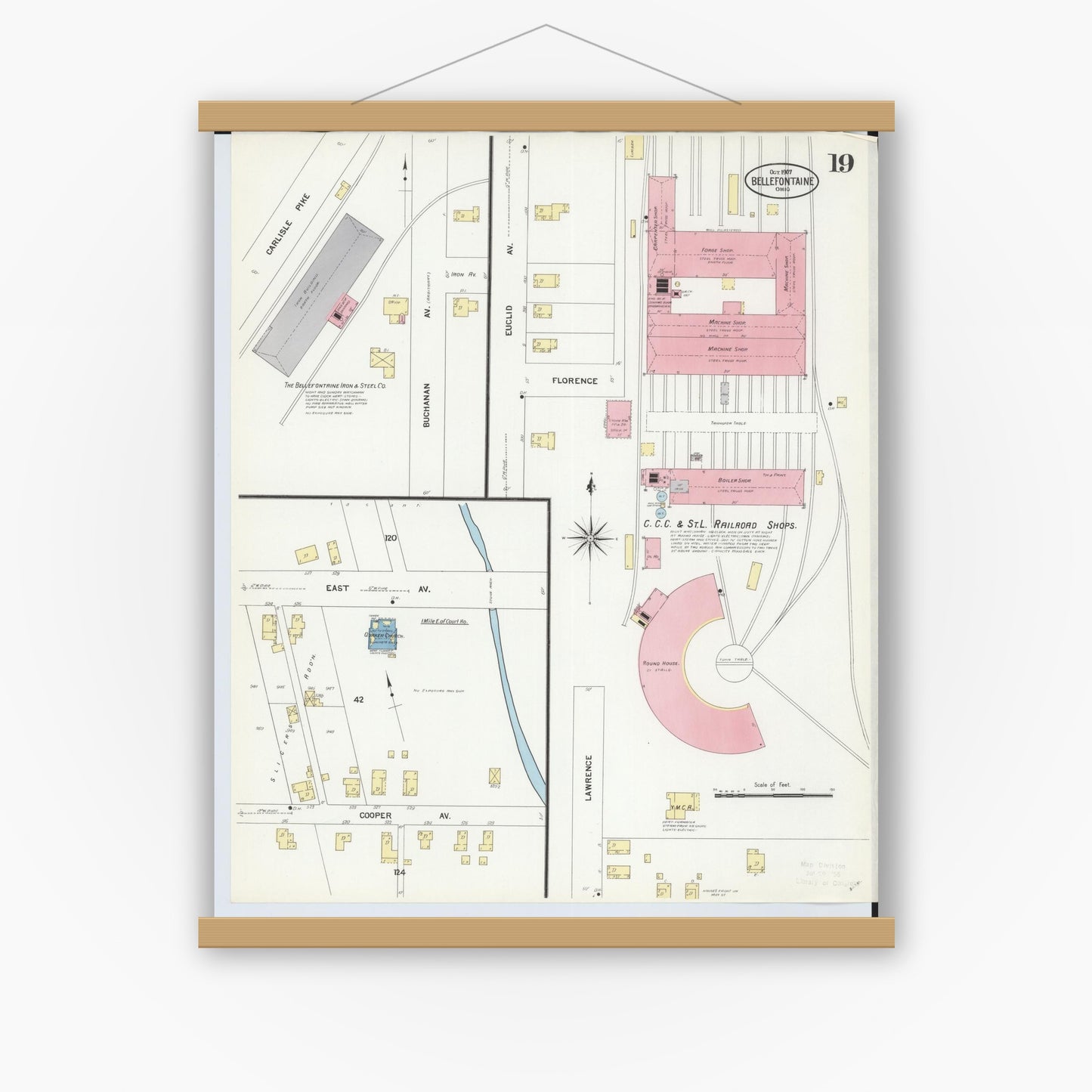 Old map wall art mockup — magnetic wood frame on white wall — Sanborn Fire Insurance Map from Bellefontaine, Logan County, Ohio (1907), Sheet #0019