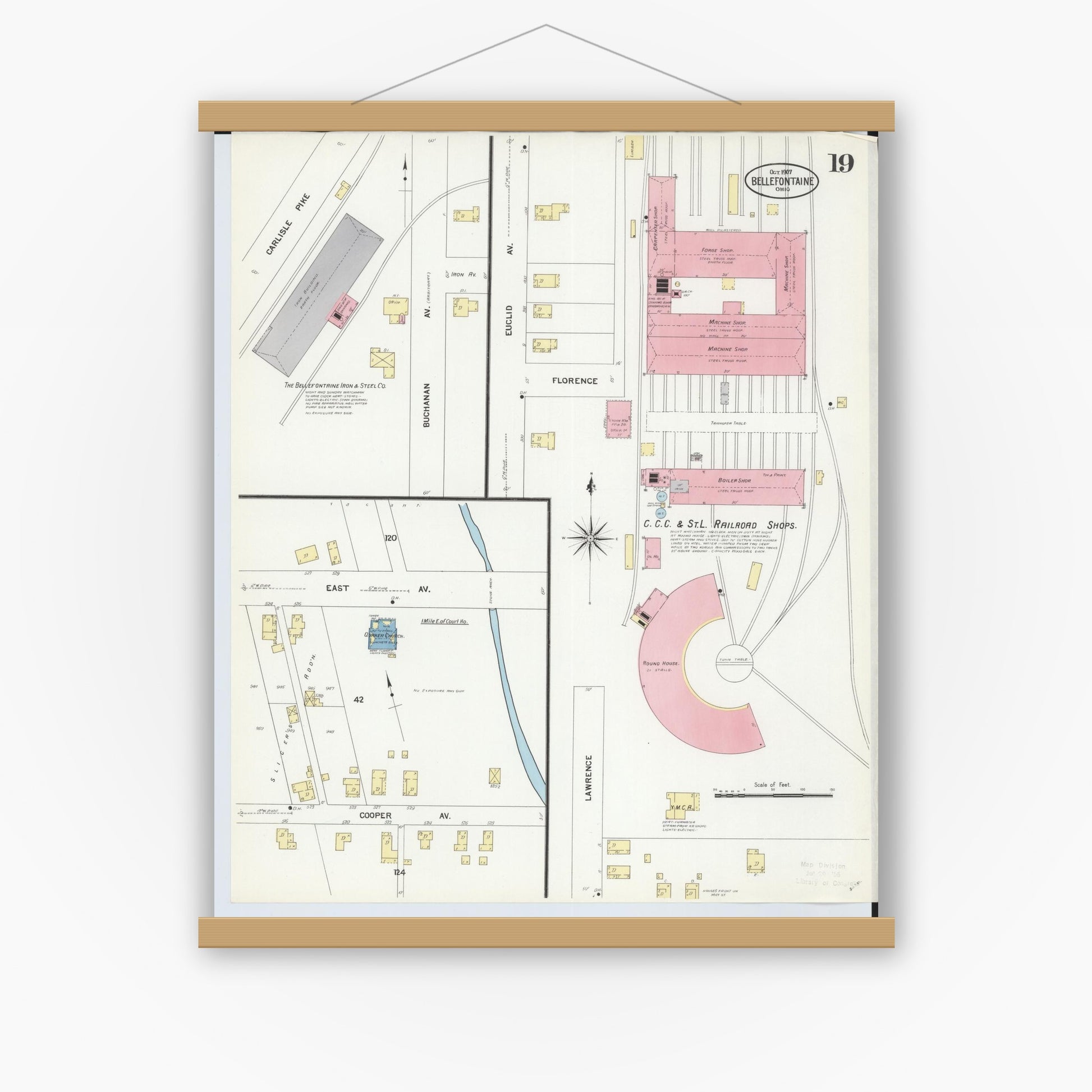 Old map wall art mockup — magnetic wood frame on white wall — Sanborn Fire Insurance Map from Bellefontaine, Logan County, Ohio (1907), Sheet #0019