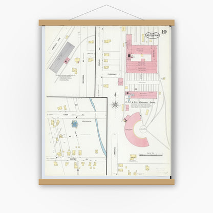 Old map wall art mockup — magnetic wood frame on white wall — Sanborn Fire Insurance Map from Bellefontaine, Logan County, Ohio (1907), Sheet #0019