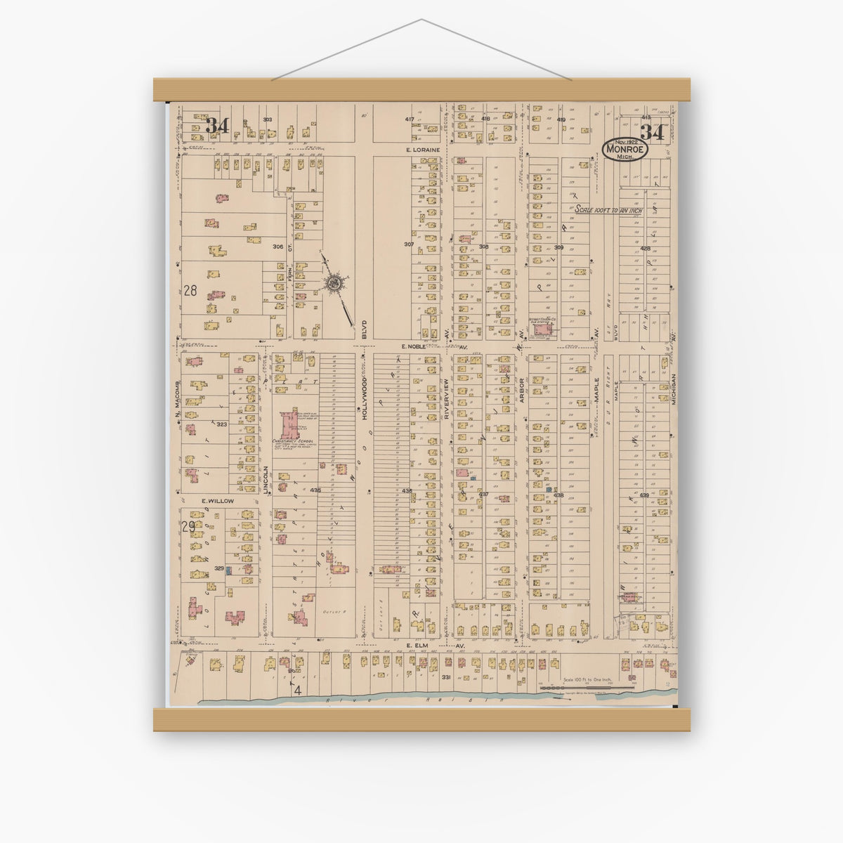 Old map wall art mockup — magnetic wood frame on white wall — Sanborn Fire Insurance Map from Monroe, Monroe County, Michigan (1922), Sheet #0034
