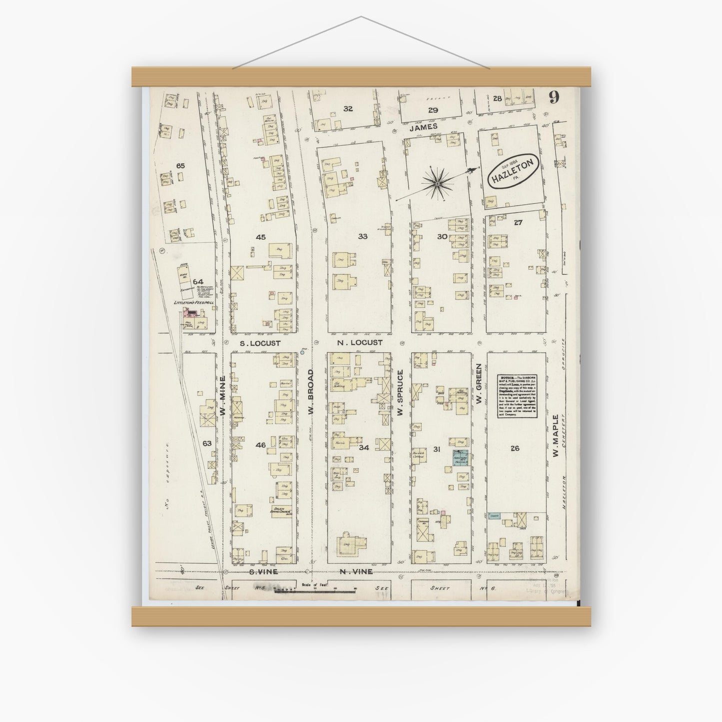 Old map wall art mockup — magnetic wood frame on white wall — Sanborn Fire Insurance Map from Hazleton, Luzerne County, Pennsylvania (1884), Sheet #0009
