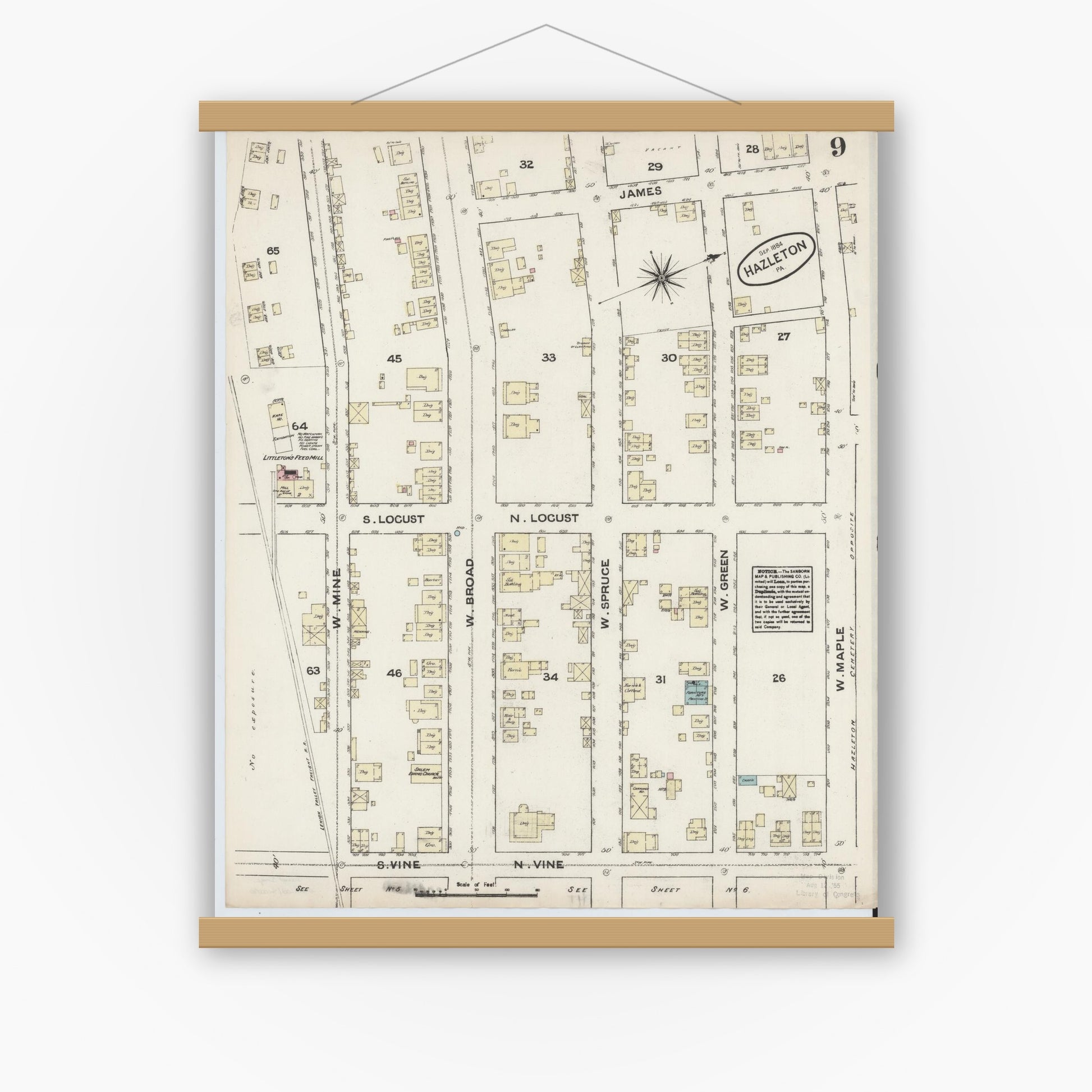 Old map wall art mockup — magnetic wood frame on white wall — Sanborn Fire Insurance Map from Hazleton, Luzerne County, Pennsylvania (1884), Sheet #0009