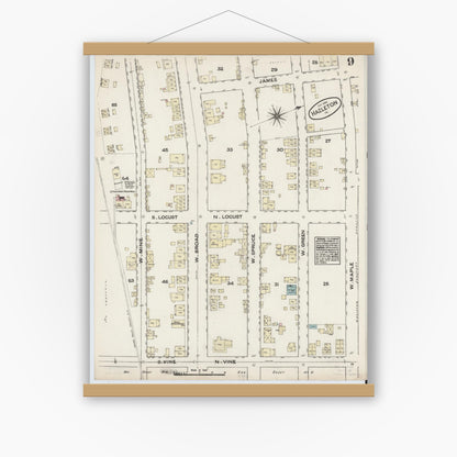 Old map wall art mockup — magnetic wood frame on white wall — Sanborn Fire Insurance Map from Hazleton, Luzerne County, Pennsylvania (1884), Sheet #0009