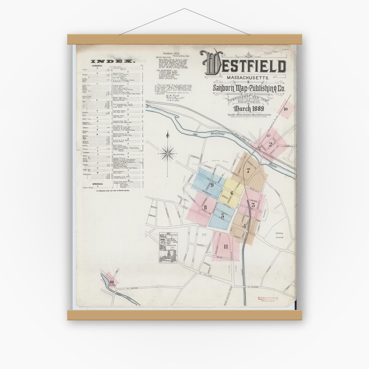 Old map wall art mockup — magnetic wood frame on white wall — Sanborn Fire Insurance Map from Westfield, Hampden County, Massachusetts (1889) - Complete Map Set