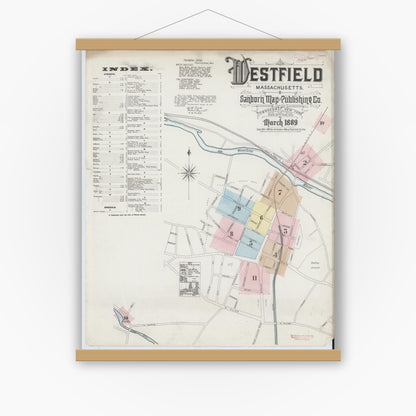 Old map wall art mockup — magnetic wood frame on white wall — Sanborn Fire Insurance Map from Westfield, Hampden County, Massachusetts (1889) - Complete Map Set