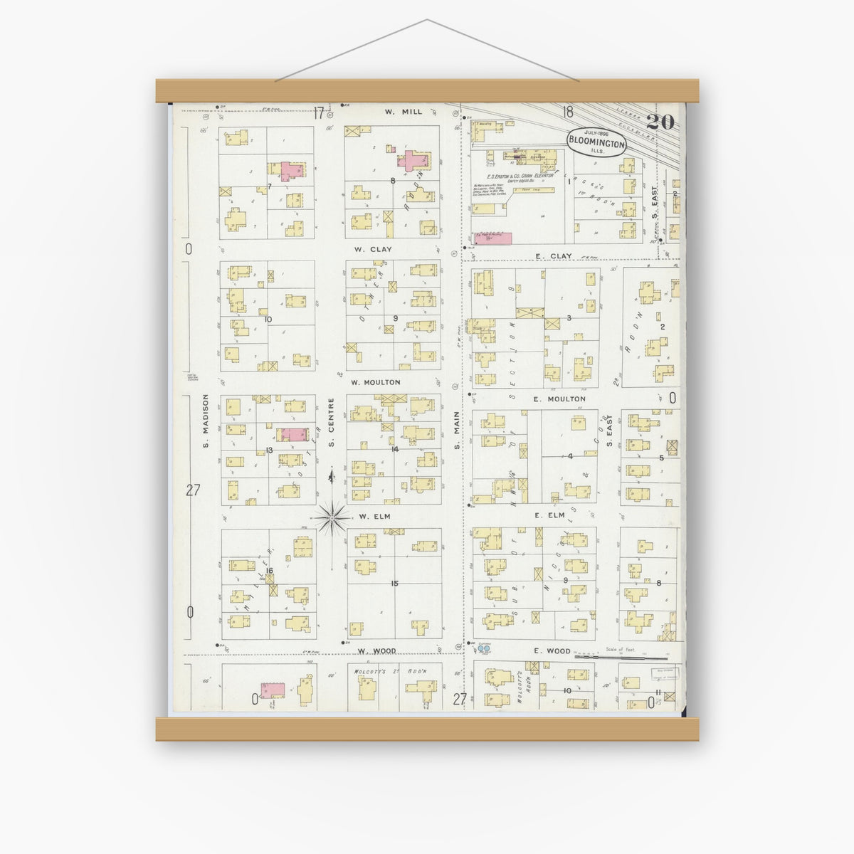 Old map wall art mockup — magnetic wood frame on white wall — Sanborn Fire Insurance Map from Bloomington, McLean County, Illinois (1896), Sheet #0020