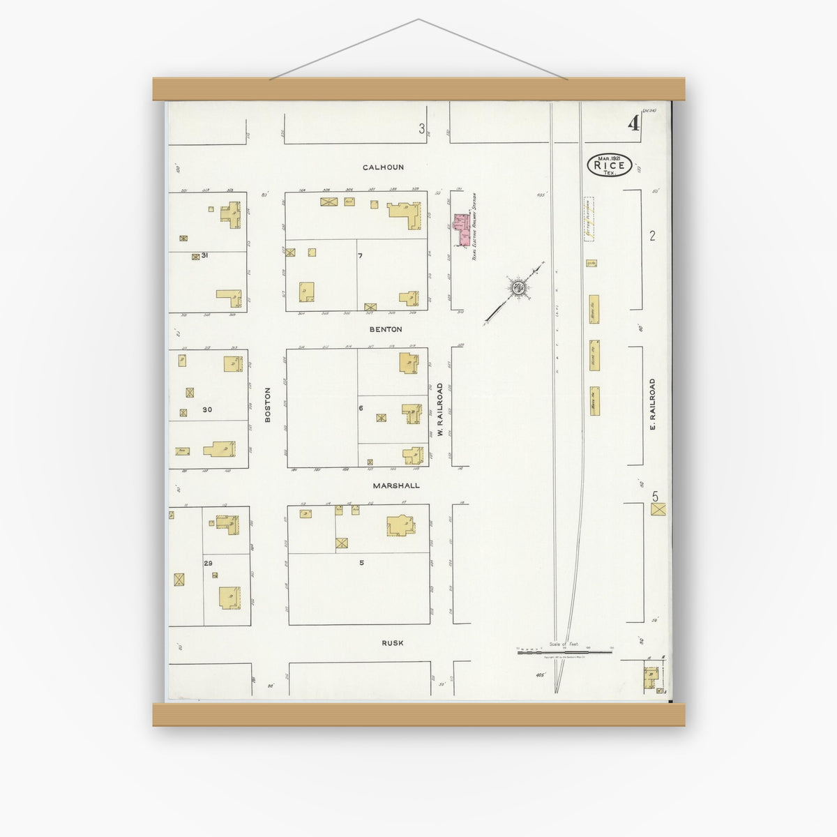 Old map wall art mockup — magnetic wood frame on white wall — Sanborn Fire Insurance Map from Rice, Navarro County, Texas (1921), Sheet #0004