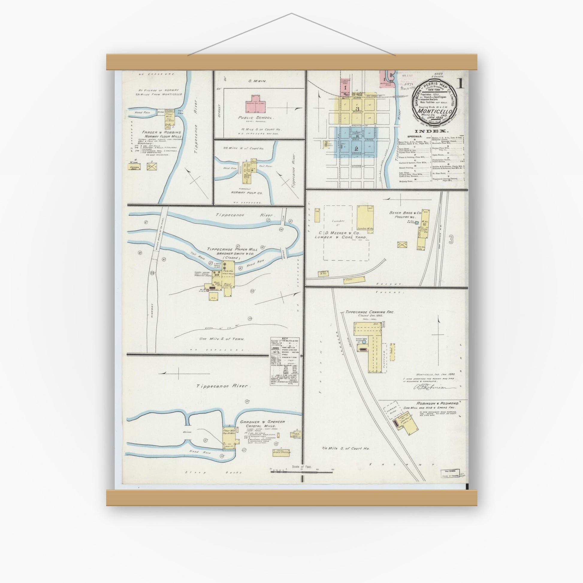 Old map wall art mockup — magnetic wood frame on white wall — Sanborn Fire Insurance Map from Monticello, White County, Indiana (1893) - Complete Map Set