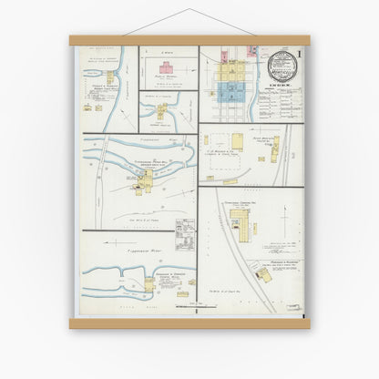 Old map wall art mockup — magnetic wood frame on white wall — Sanborn Fire Insurance Map from Monticello, White County, Indiana (1893) - Complete Map Set