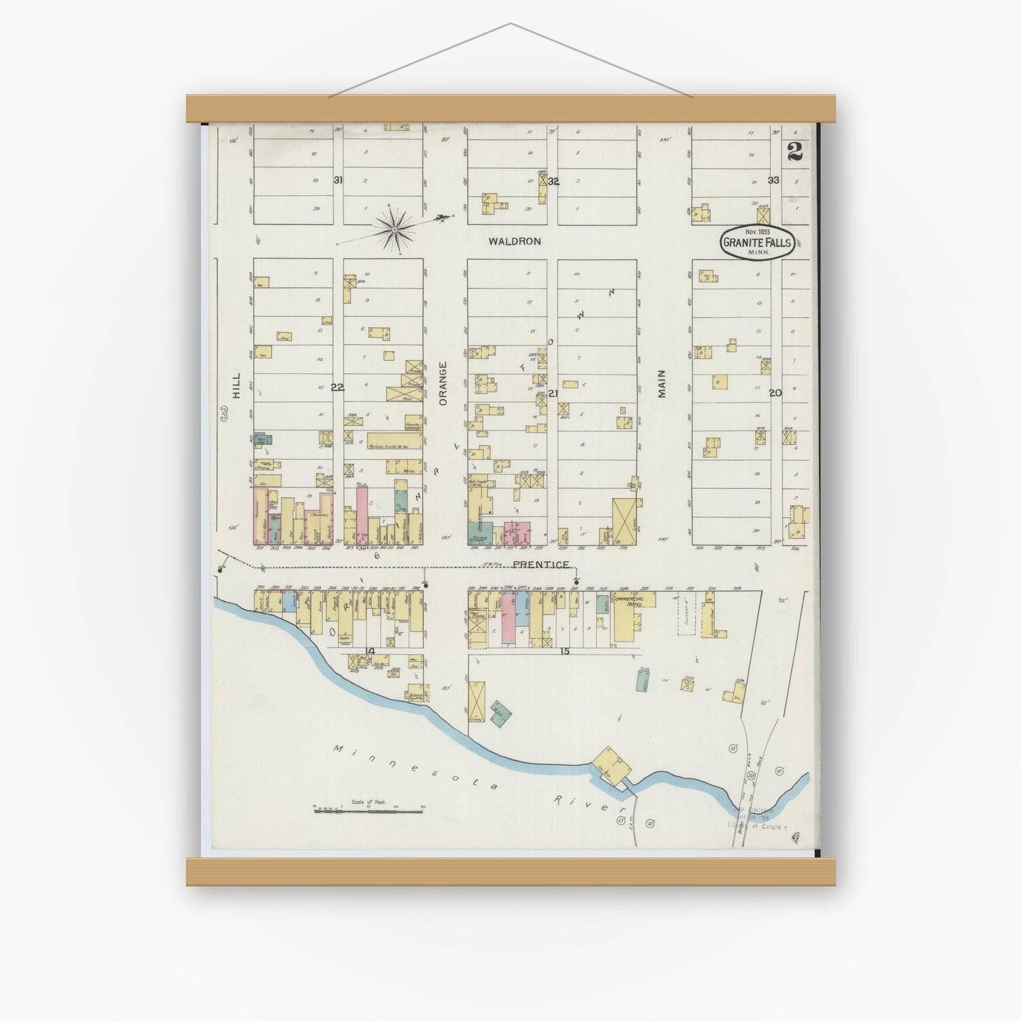 Old map wall art mockup — magnetic wood frame on white wall — Sanborn Fire Insurance Map from Granite Falls, Yellow Medicine And Chippewa Counties, Minnesota (1893), Sheet #0002