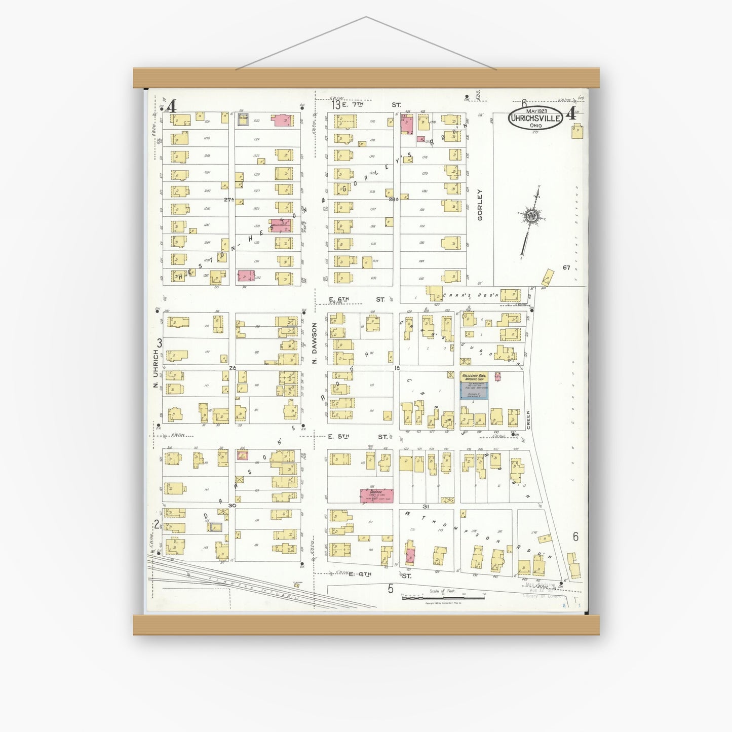Old map wall art mockup — magnetic wood frame on white wall — Sanborn Fire Insurance Map from Uhrichsville, Tuscarawas County, Ohio (1923), Sheet #0004