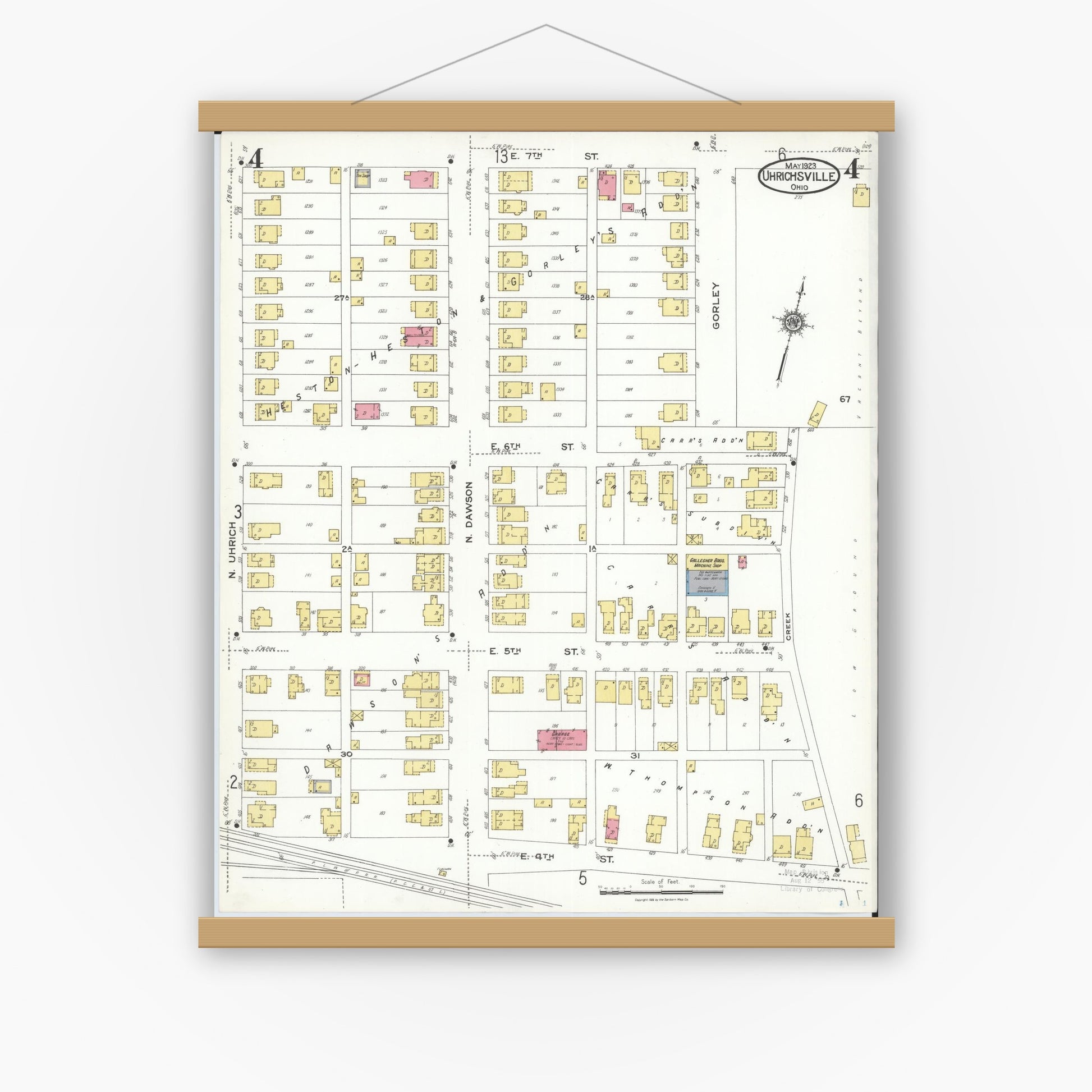 Old map wall art mockup — magnetic wood frame on white wall — Sanborn Fire Insurance Map from Uhrichsville, Tuscarawas County, Ohio (1923), Sheet #0004