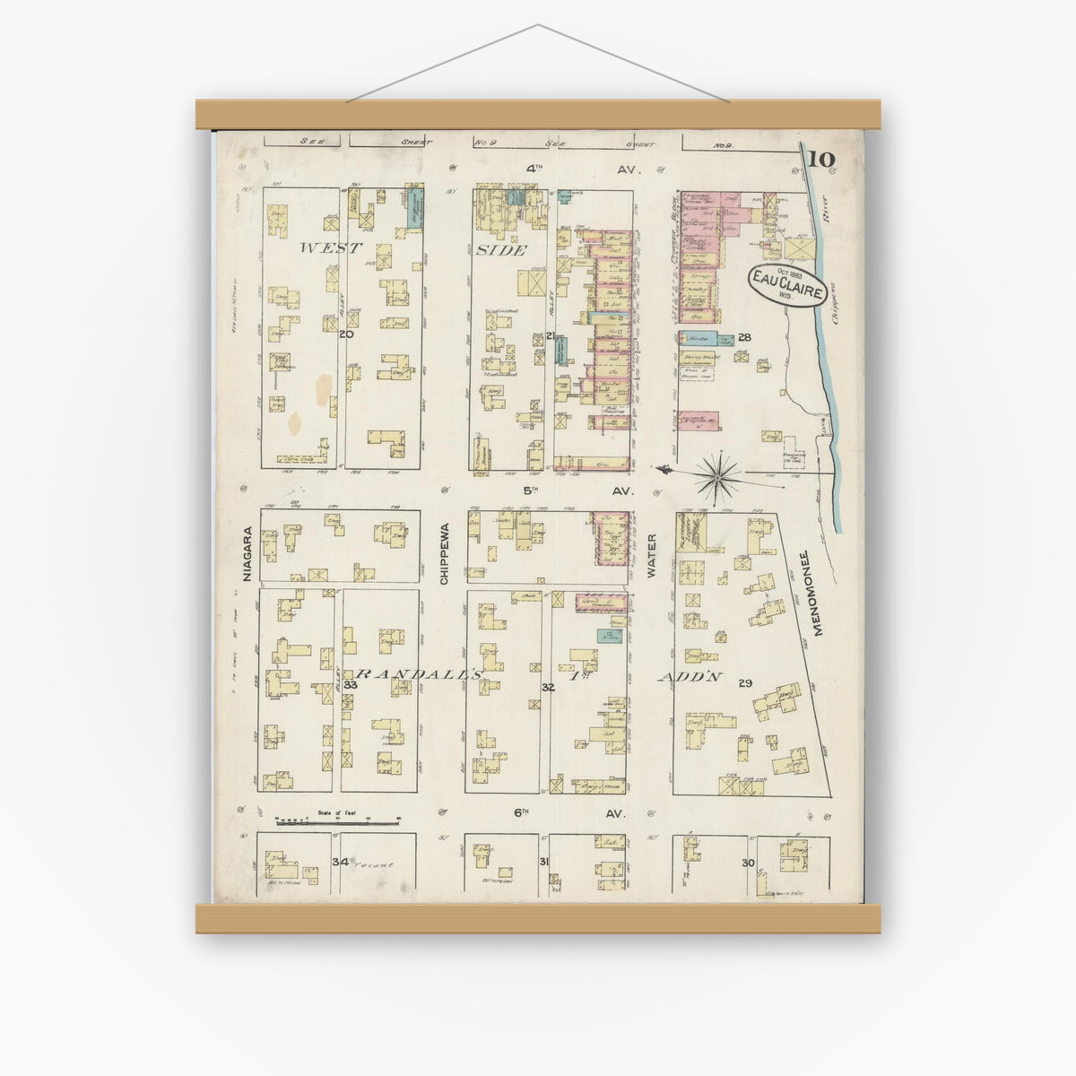 Old map wall art mockup — magnetic wood frame on white wall — Sanborn Fire Insurance Map from Eau Claire, Eau Claire County, Wisconsin (1883), Sheet #0010
