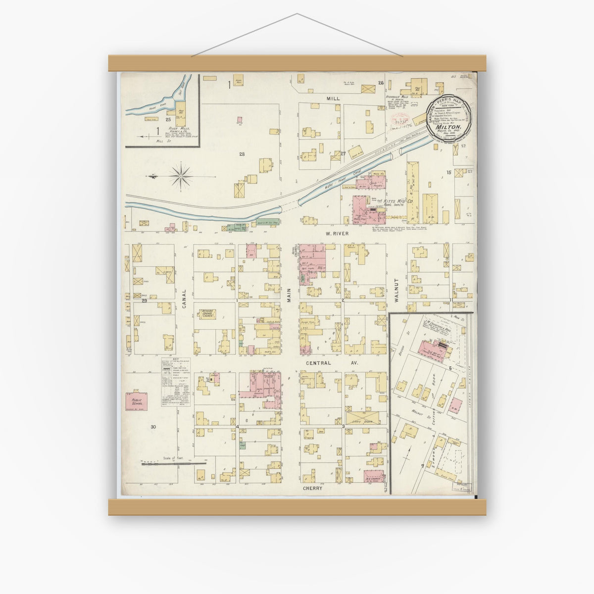 Old map wall art mockup — magnetic wood frame on white wall — Sanborn Fire Insurance Map from Milton, Wayne County, Indiana (1896), Sheet #0001