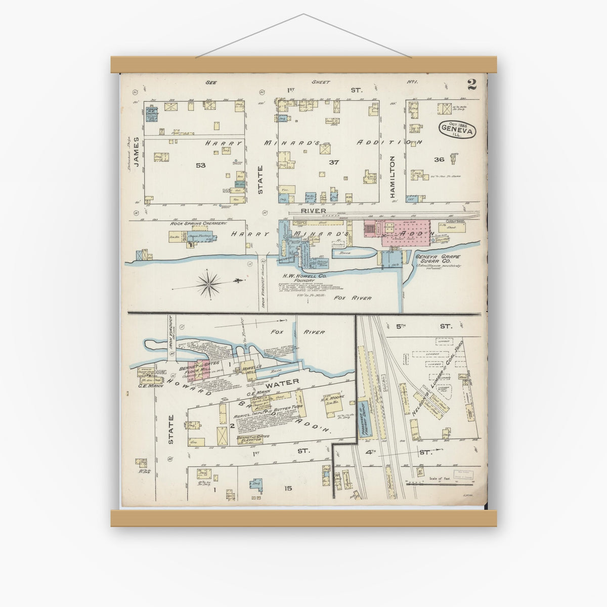 Old map wall art mockup — magnetic wood frame on white wall — Sanborn Fire Insurance Map from Geneva, Kane County, Illinois (1885), Sheet #0002