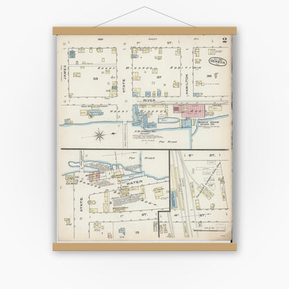 Old map wall art mockup — magnetic wood frame on white wall — Sanborn Fire Insurance Map from Geneva, Kane County, Illinois (1885), Sheet #0002