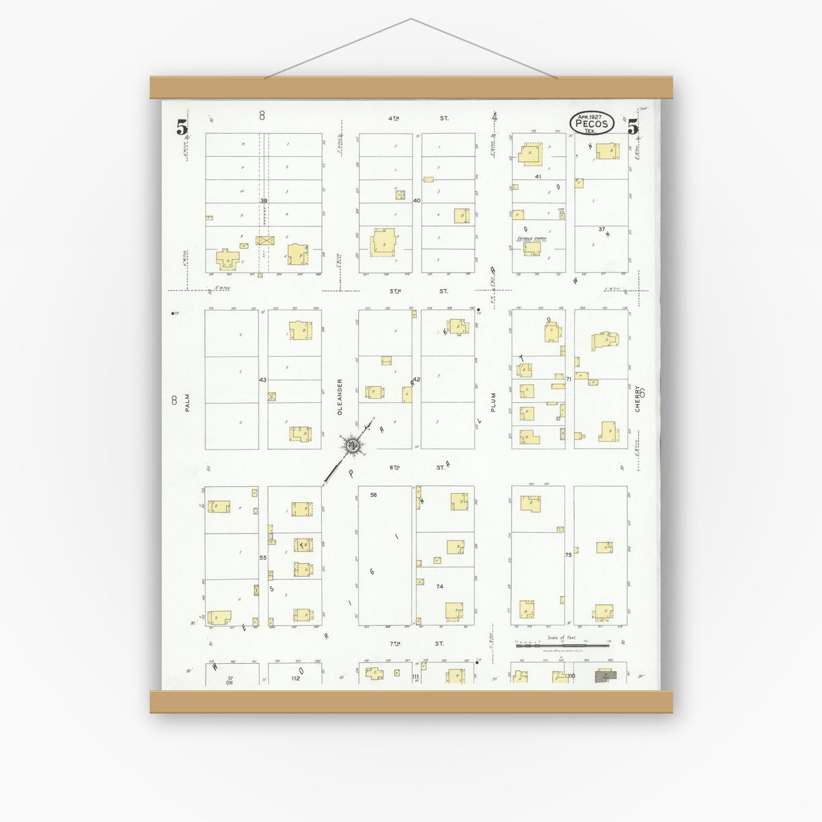 Old map wall art mockup — magnetic wood frame on white wall — Sanborn Fire Insurance Map from Pecos, Reeves County, Texas (1927), Sheet #0005