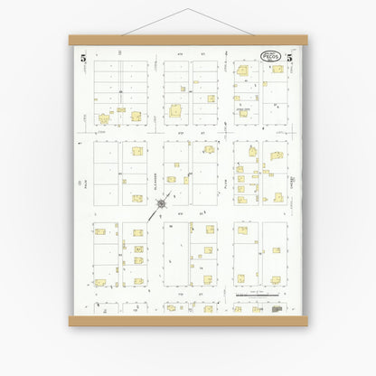 Old map wall art mockup — magnetic wood frame on white wall — Sanborn Fire Insurance Map from Pecos, Reeves County, Texas (1927), Sheet #0005