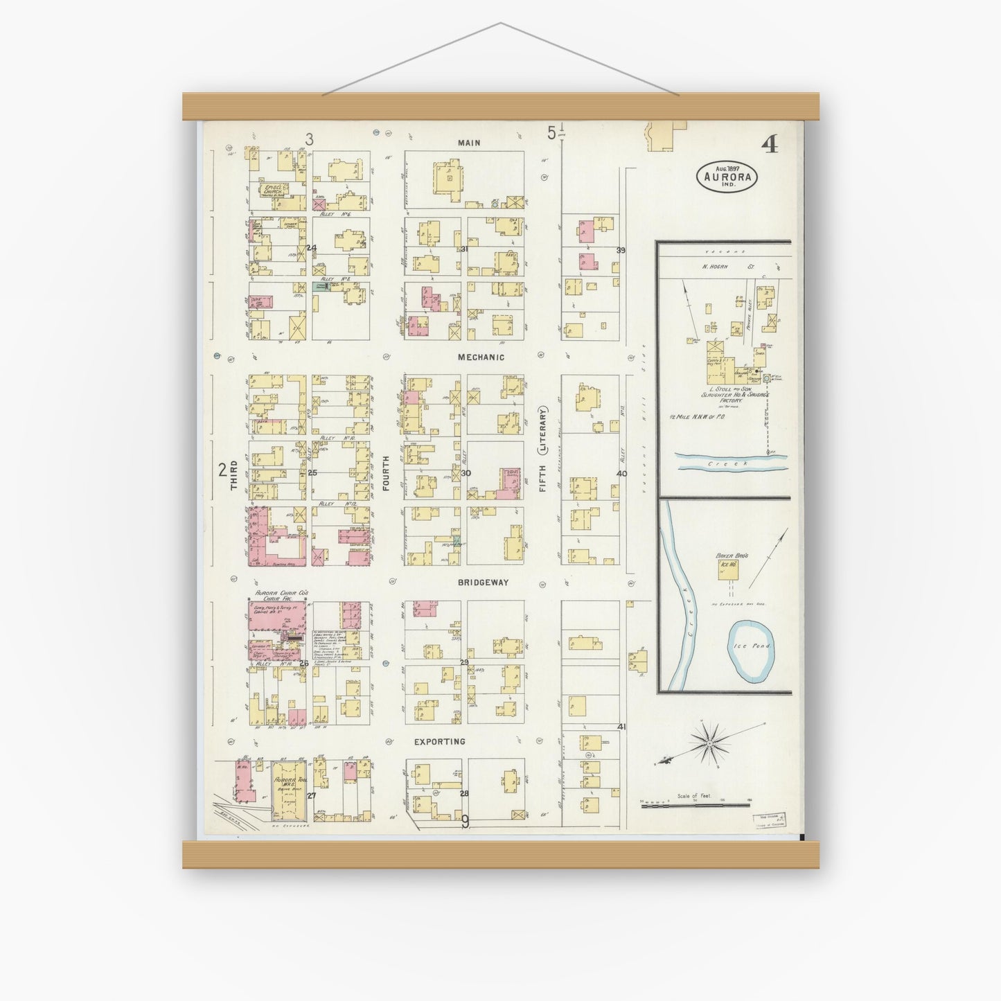 Old map wall art mockup — magnetic wood frame on white wall — Sanborn Fire Insurance Map from Aurora, Dearborn County, Indiana (1897), Sheet #0004