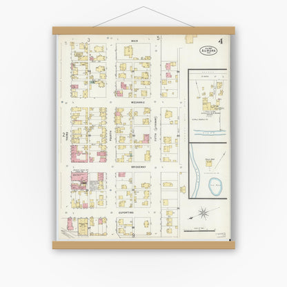 Old map wall art mockup — magnetic wood frame on white wall — Sanborn Fire Insurance Map from Aurora, Dearborn County, Indiana (1897), Sheet #0004