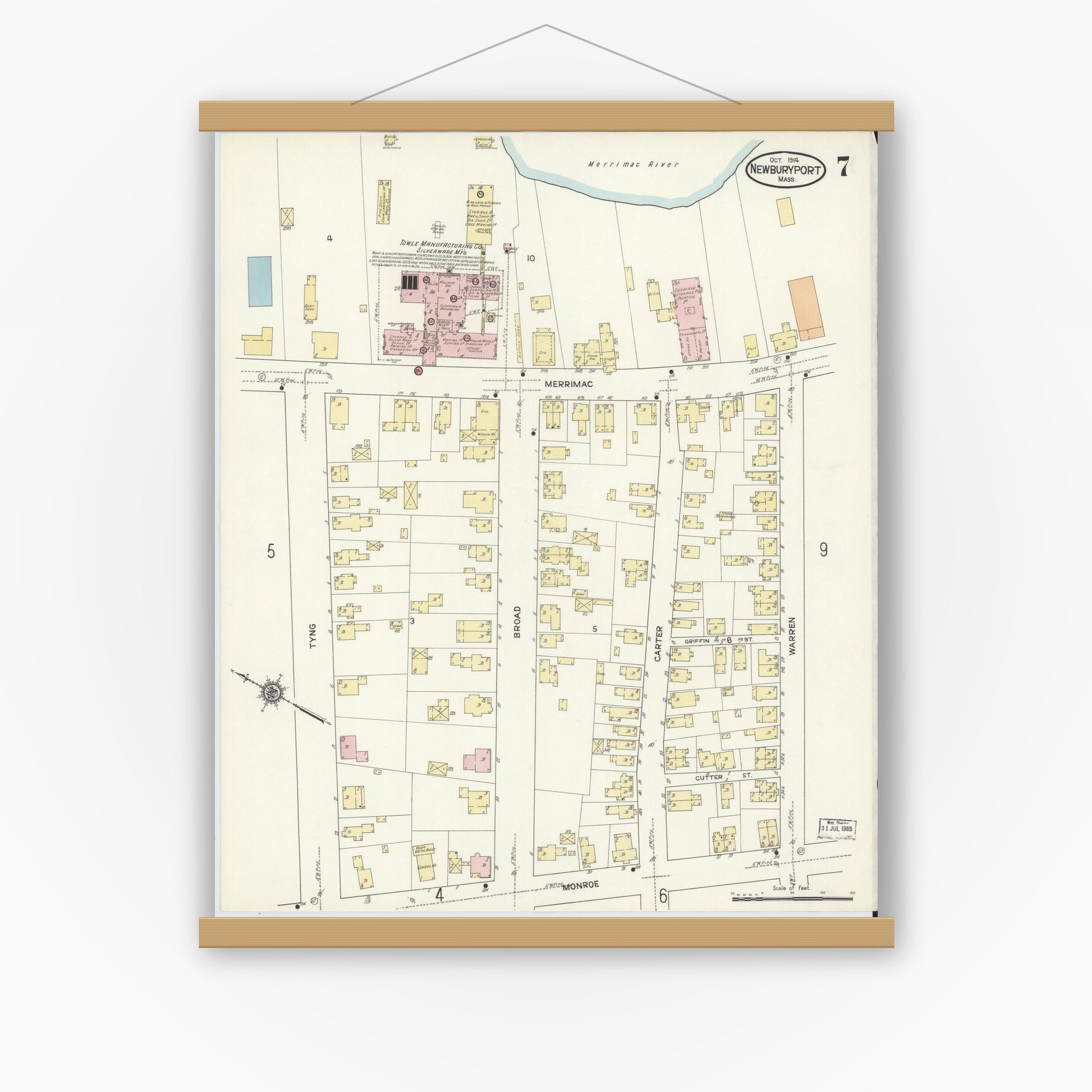 Old map wall art mockup — magnetic wood frame on white wall — Sanborn Fire Insurance Map from Newburyport, Essex County, Massachusetts (1914), Sheet #0007