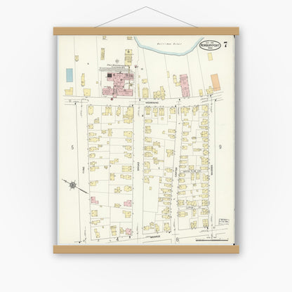 Old map wall art mockup — magnetic wood frame on white wall — Sanborn Fire Insurance Map from Newburyport, Essex County, Massachusetts (1914), Sheet #0007