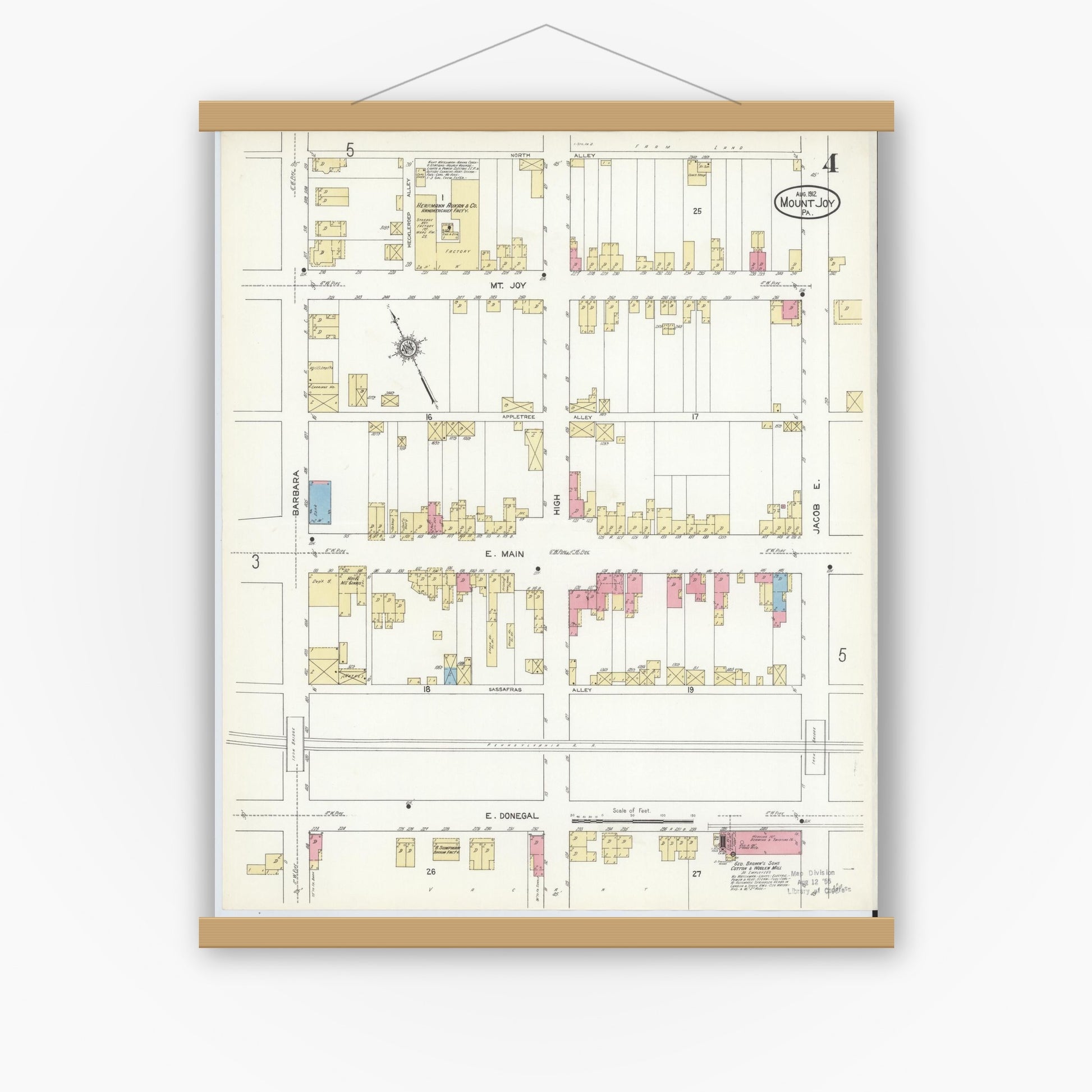 Old map wall art mockup — magnetic wood frame on white wall — Sanborn Fire Insurance Map from Mount Joy, Lancaster County, Pennsylvania (1912), Sheet #0004