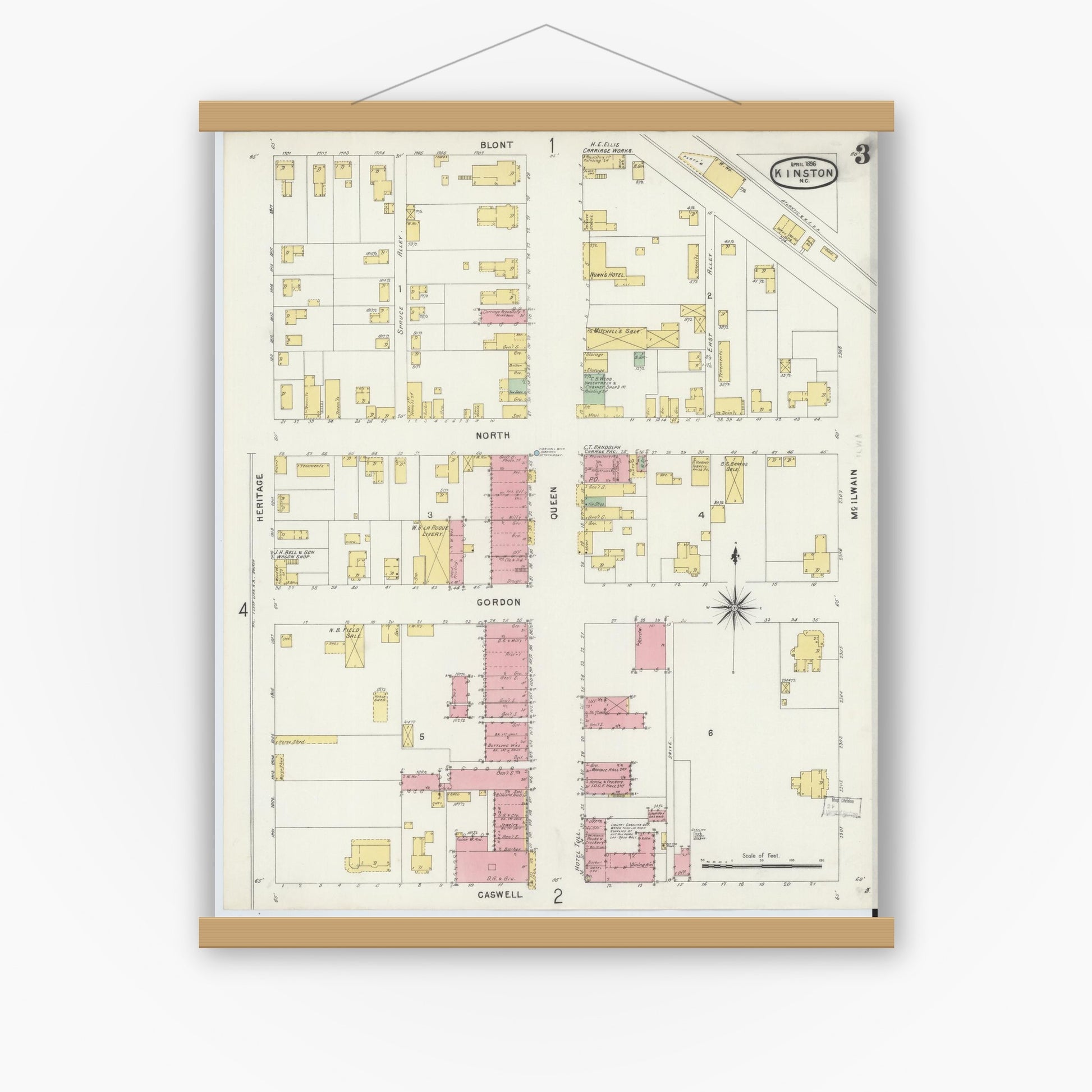 Old map wall art mockup — magnetic wood frame on white wall — Sanborn Fire Insurance Map from Kinston, Lenoir County, North Carolina (1896), Sheet #0003