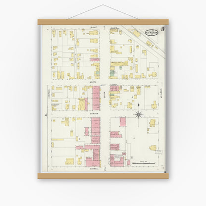 Old map wall art mockup — magnetic wood frame on white wall — Sanborn Fire Insurance Map from Kinston, Lenoir County, North Carolina (1896), Sheet #0003