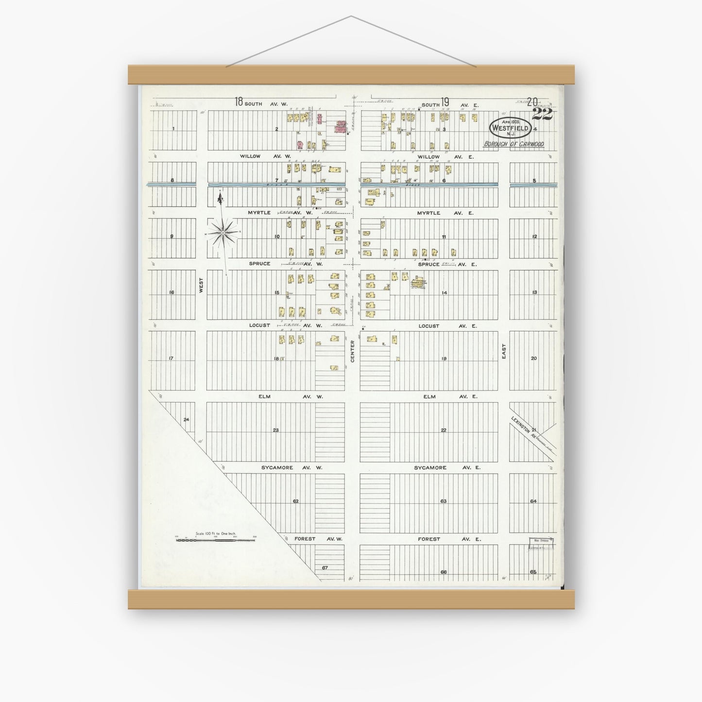 Old map wall art mockup — magnetic wood frame on white wall — Sanborn Fire Insurance Map from Westfield, Union County, New Jersey (1909), Sheet #0022