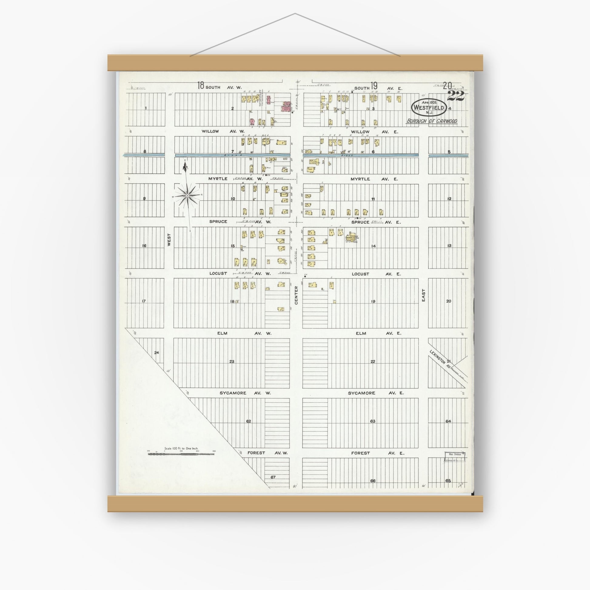 Old map wall art mockup — magnetic wood frame on white wall — Sanborn Fire Insurance Map from Westfield, Union County, New Jersey (1909), Sheet #0022