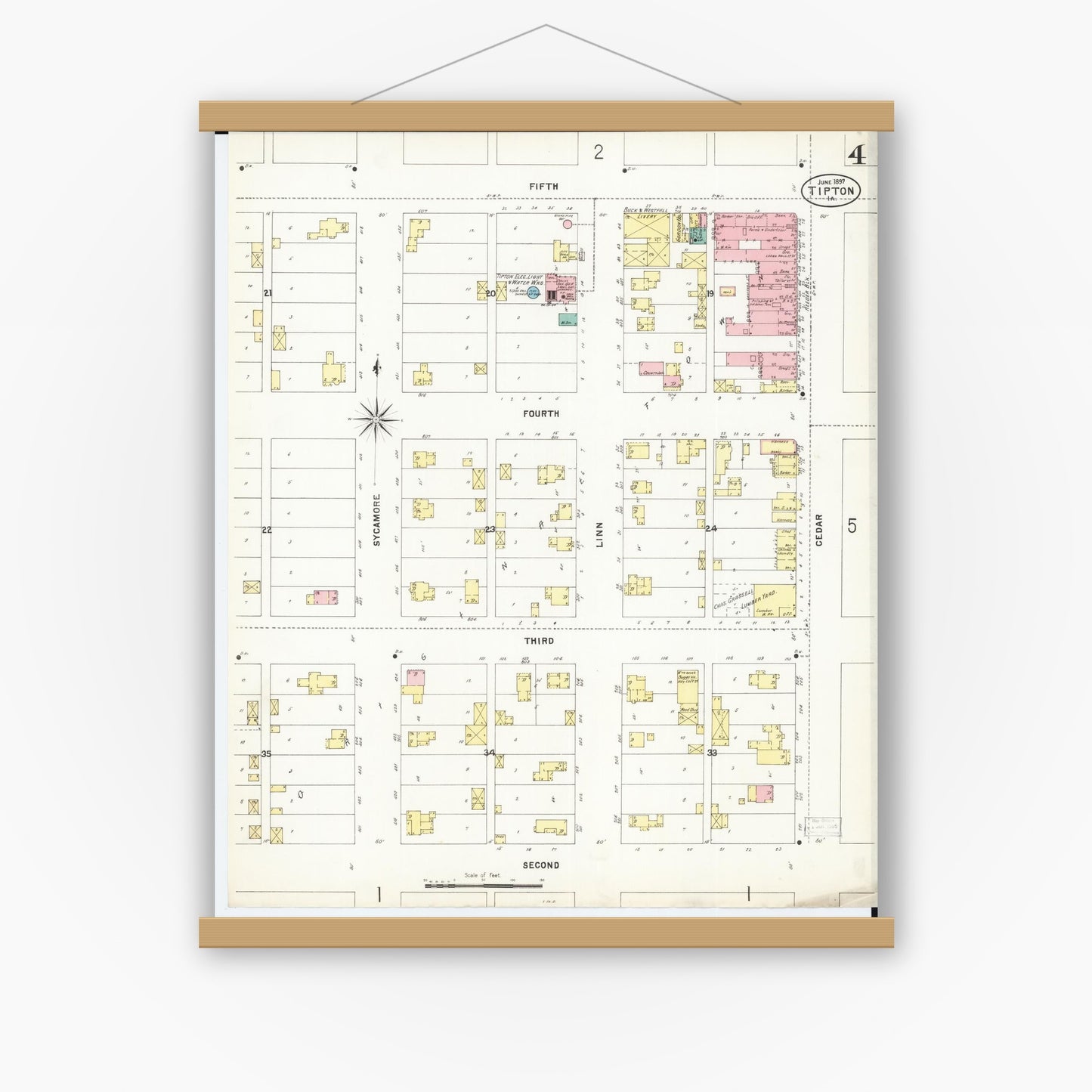 Old map wall art mockup — magnetic wood frame on white wall — Sanborn Fire Insurance Map from Tipton, Cedar County, Iowa (1897), Sheet #0004