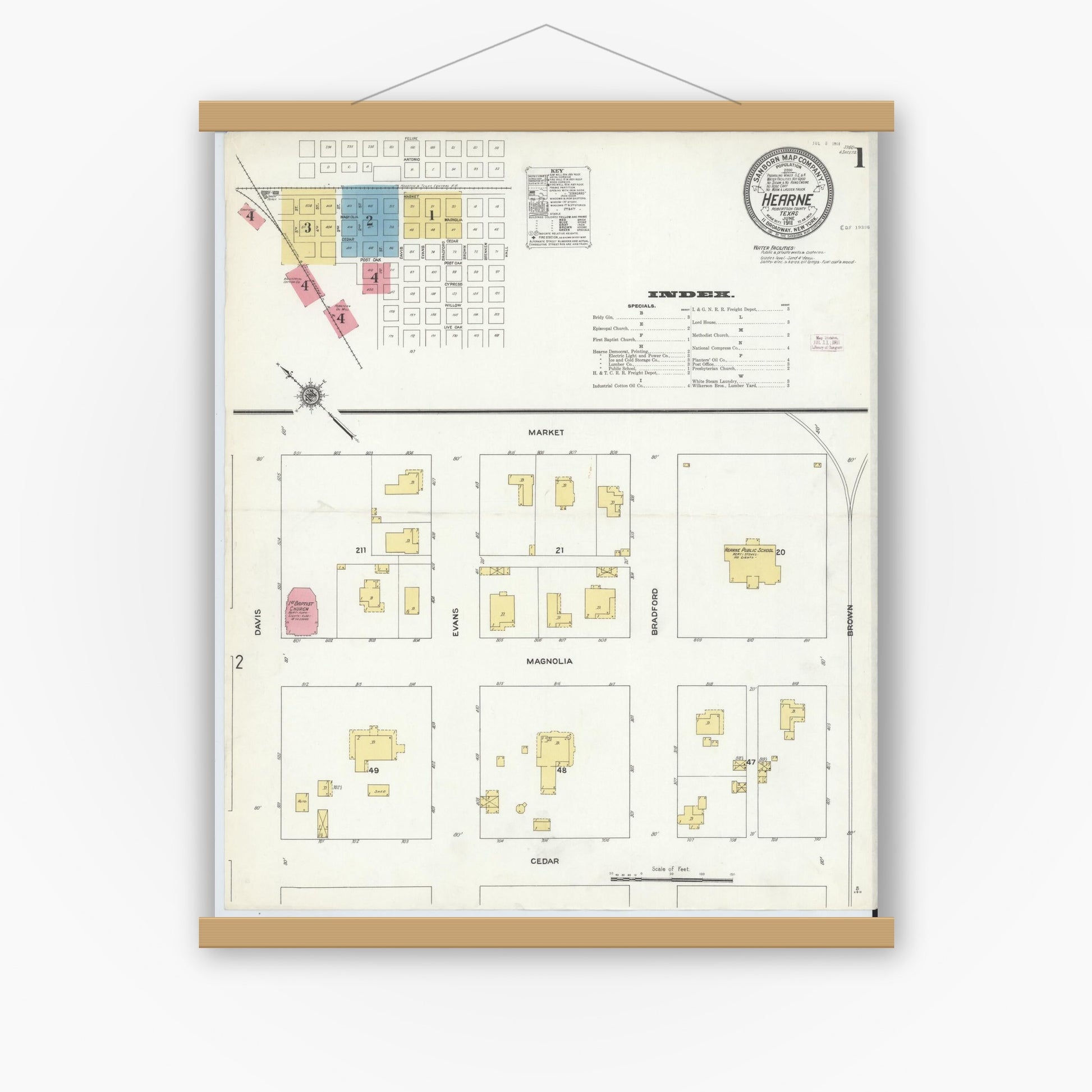 Old map wall art mockup — magnetic wood frame on white wall — Sanborn Fire Insurance Map from Hearne, Robertson County, Texas (1911) - Complete Map Set