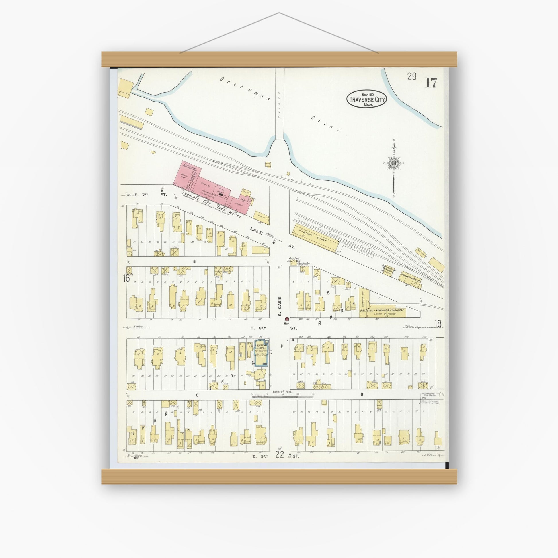 Old map wall art mockup — magnetic wood frame on white wall — Sanborn Fire Insurance Map from Traverse City, Grand Traverse County, Michigan (1910), Sheet #0017