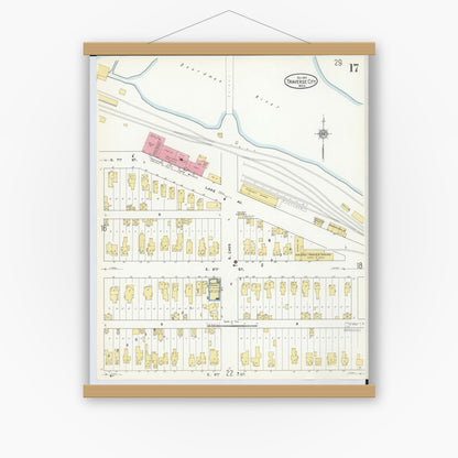 Old map wall art mockup — magnetic wood frame on white wall — Sanborn Fire Insurance Map from Traverse City, Grand Traverse County, Michigan (1910), Sheet #0017