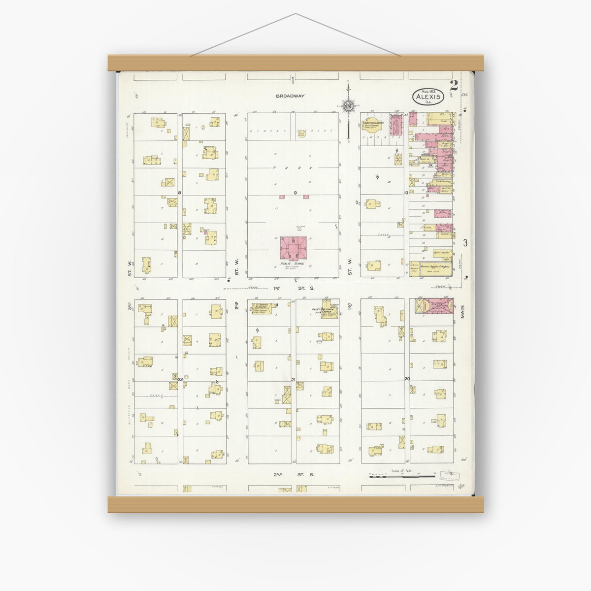 Old map wall art mockup — magnetic wood frame on white wall — Sanborn Fire Insurance Map from Alexis, Warren County, Illinois (1913), Sheet #0002