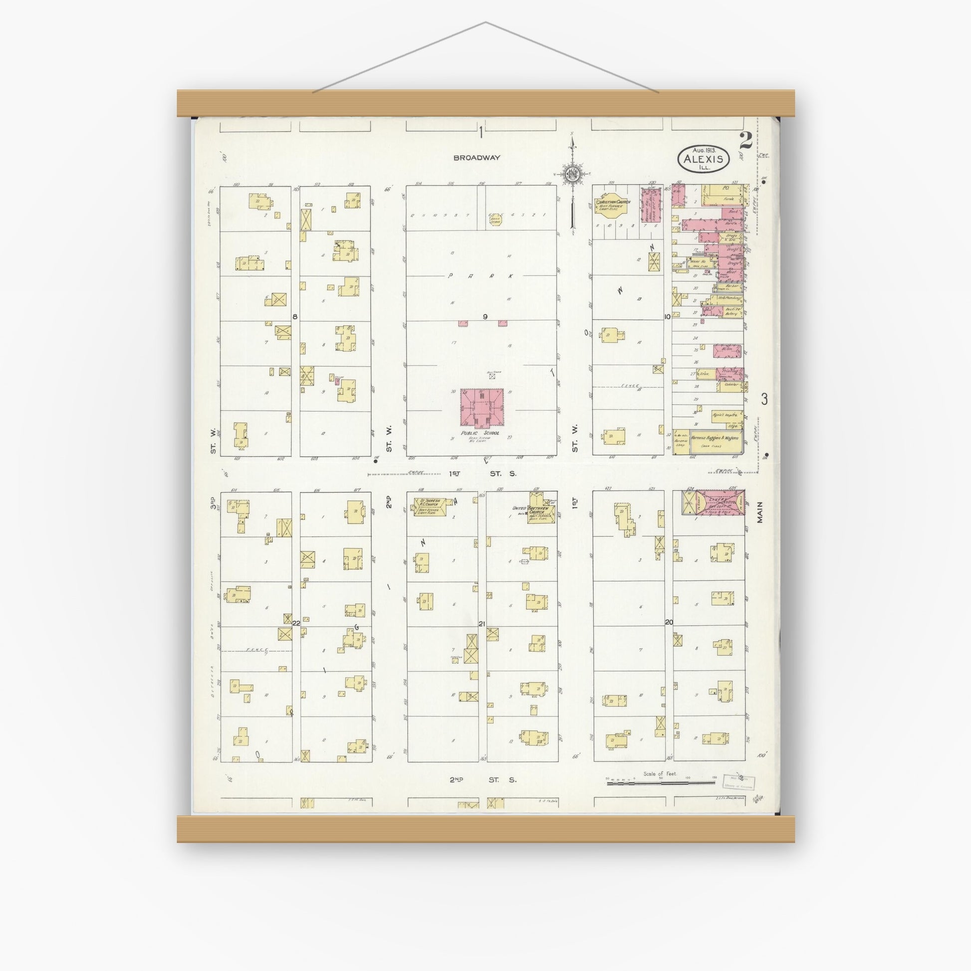 Old map wall art mockup — magnetic wood frame on white wall — Sanborn Fire Insurance Map from Alexis, Warren County, Illinois (1913), Sheet #0002