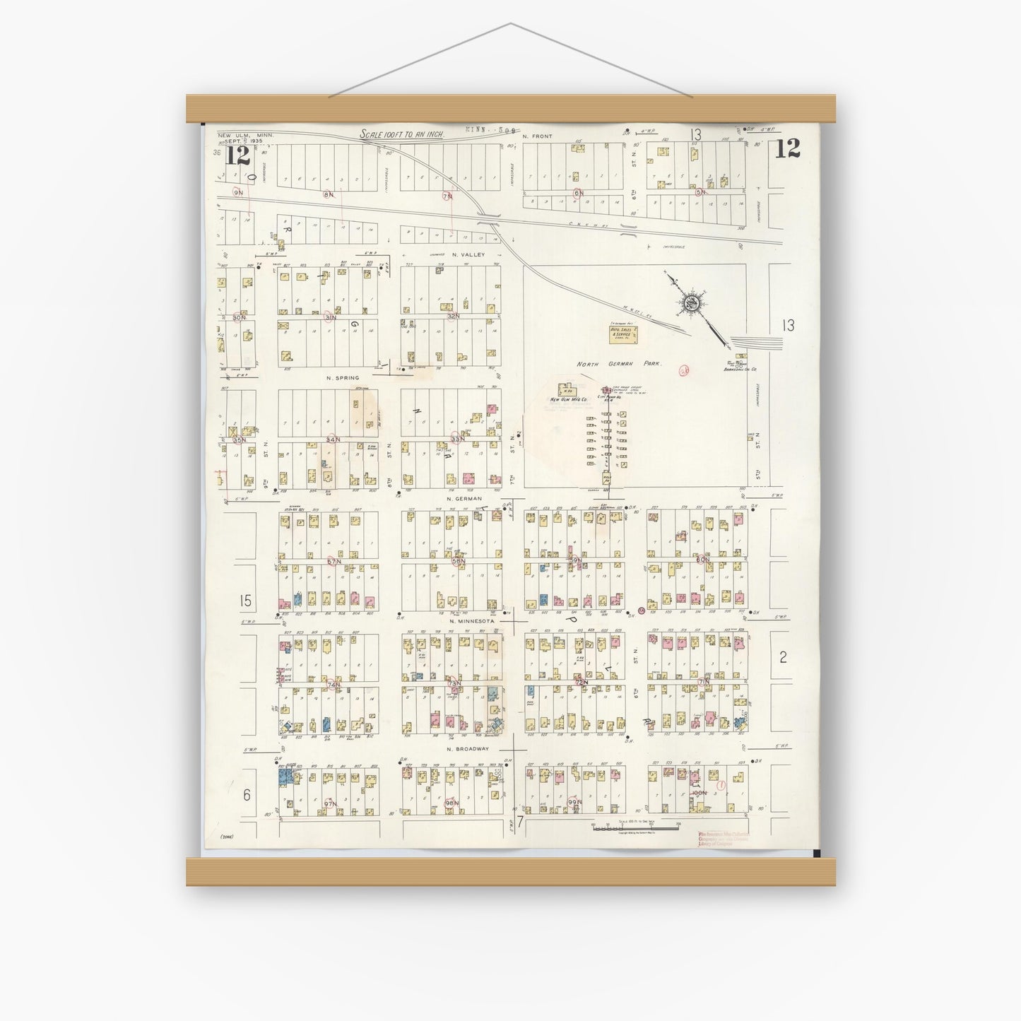Old map wall art mockup — magnetic wood frame on white wall — Sanborn Fire Insurance Map from New Ulm, Brown County, Minnesota (1946), Sheet #0012