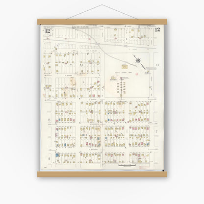 Old map wall art mockup — magnetic wood frame on white wall — Sanborn Fire Insurance Map from New Ulm, Brown County, Minnesota (1946), Sheet #0012