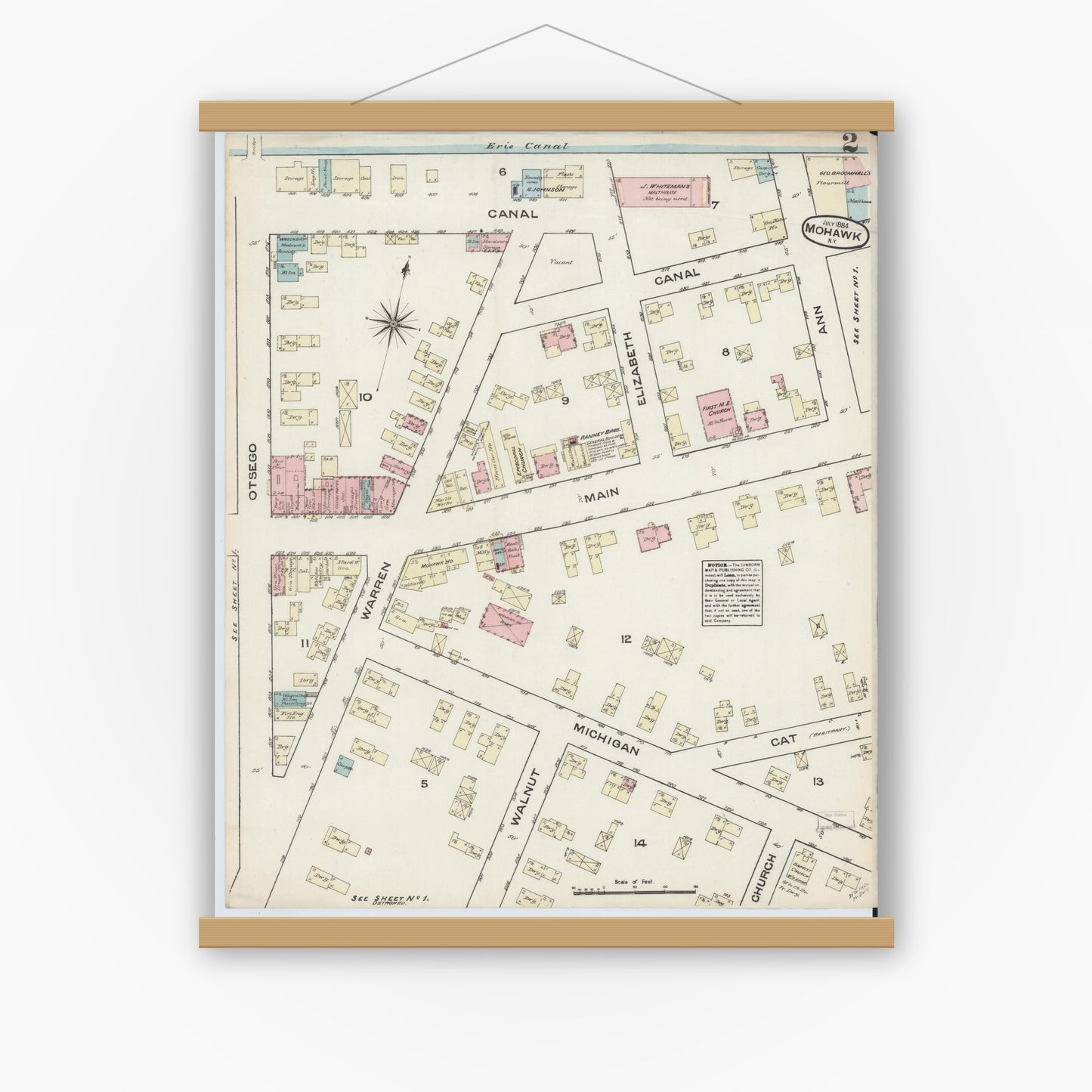 Old map wall art mockup — magnetic wood frame on white wall — Sanborn Fire Insurance Map from Mohawk, Herkimer County, New York (1884), Sheet #0002