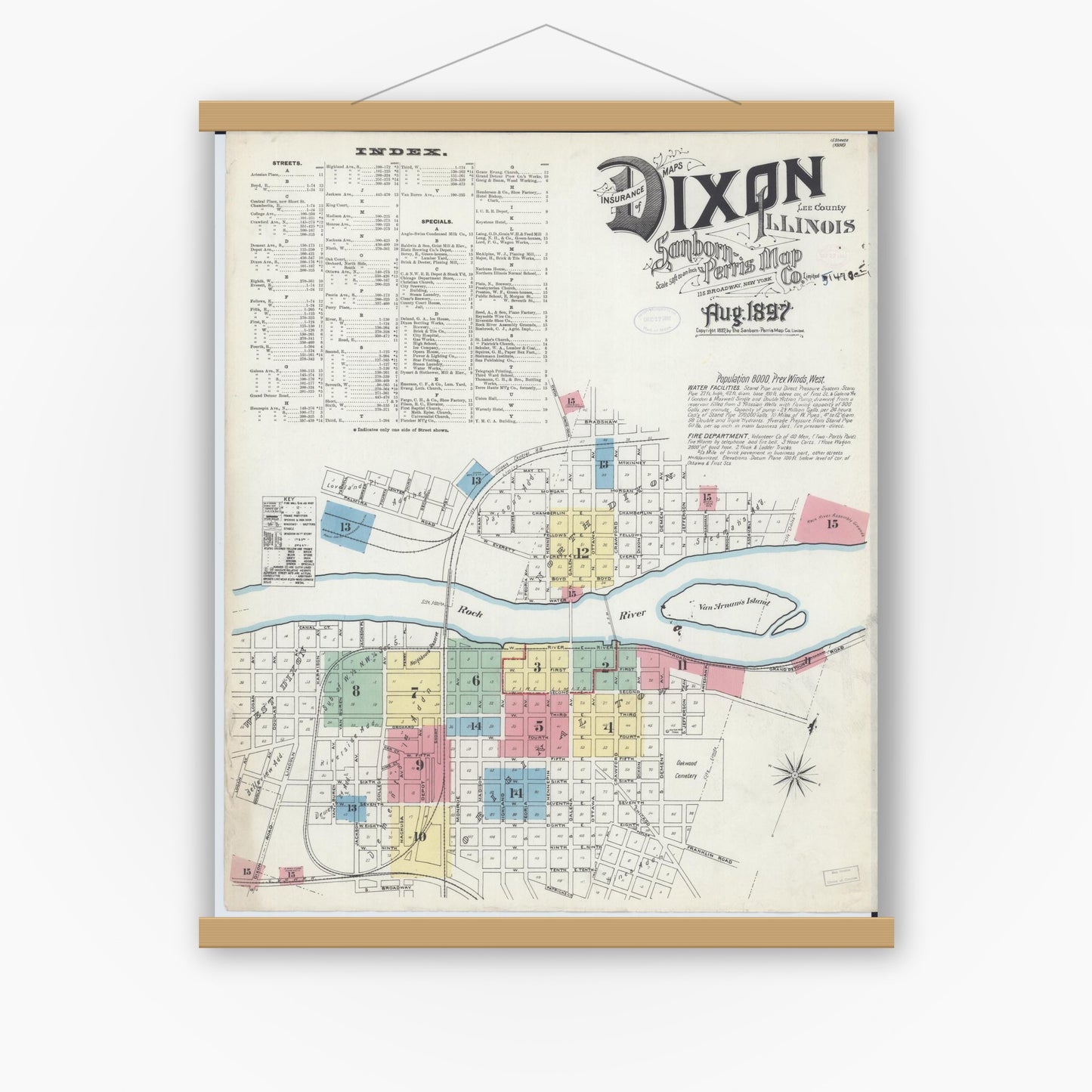 Old map wall art mockup — magnetic wood frame on white wall — Sanborn Fire Insurance Map from Dixon, Lee County, Illinois (1897) - Complete Map Set