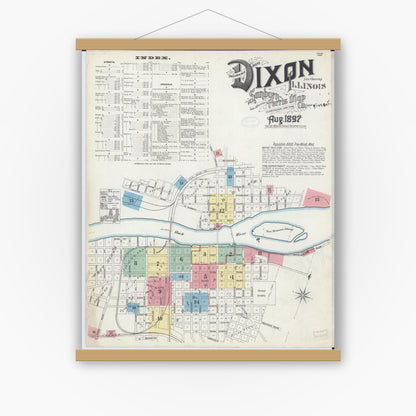 Old map wall art mockup — magnetic wood frame on white wall — Sanborn Fire Insurance Map from Dixon, Lee County, Illinois (1897) - Complete Map Set