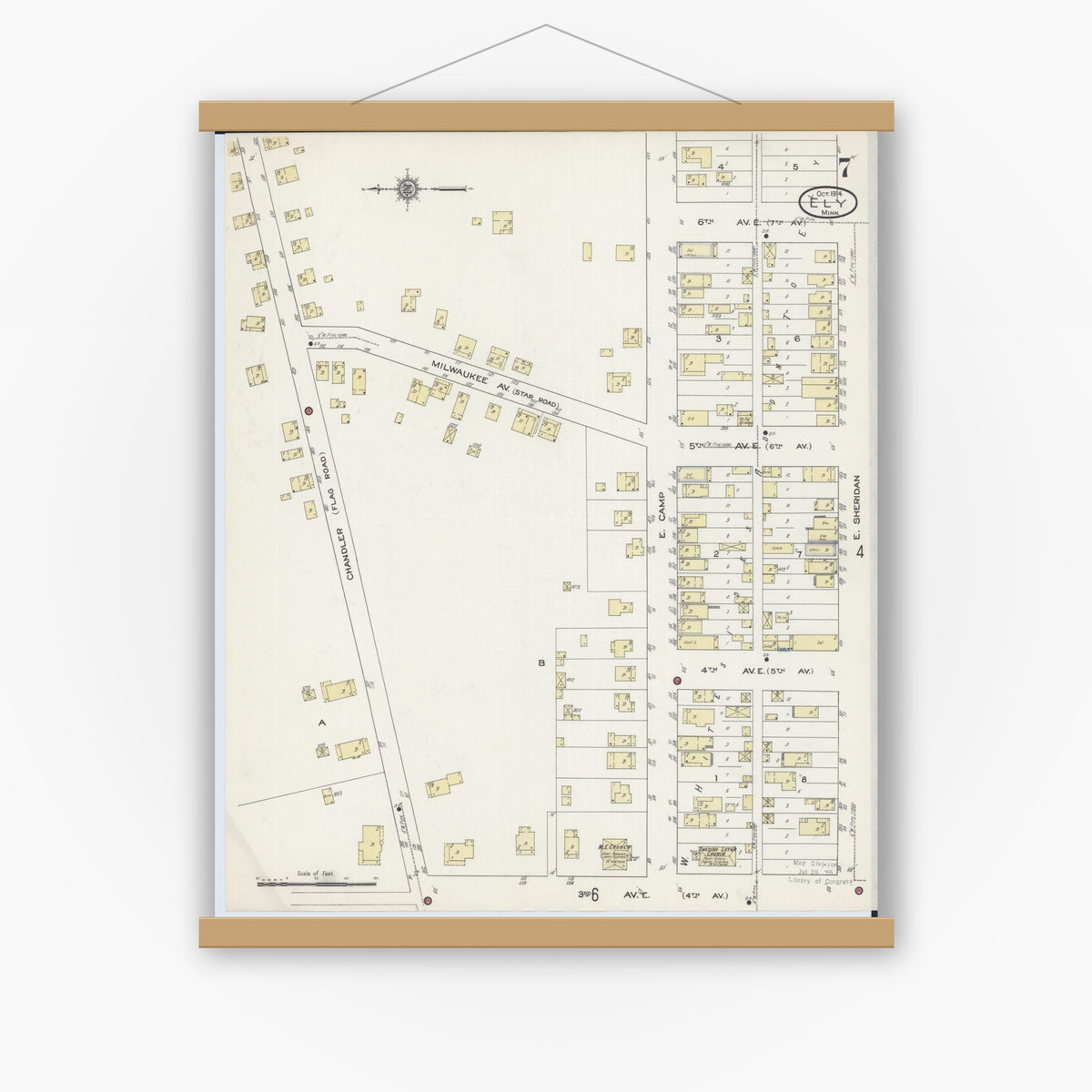 Old map wall art mockup — magnetic wood frame on white wall — Sanborn Fire Insurance Map from Ely, Saint Louis County, Minnesota (1914), Sheet #0007
