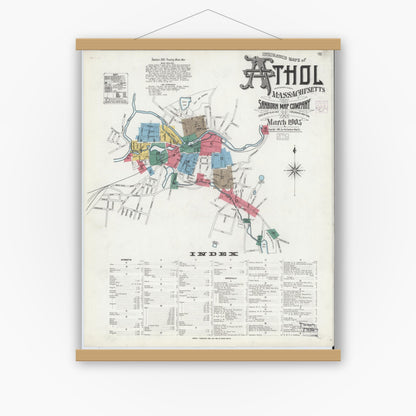 Old map wall art mockup — magnetic wood frame on white wall — Sanborn Fire Insurance Map from Athol, Worcester County, Massachusetts (1905), Sheet #0001